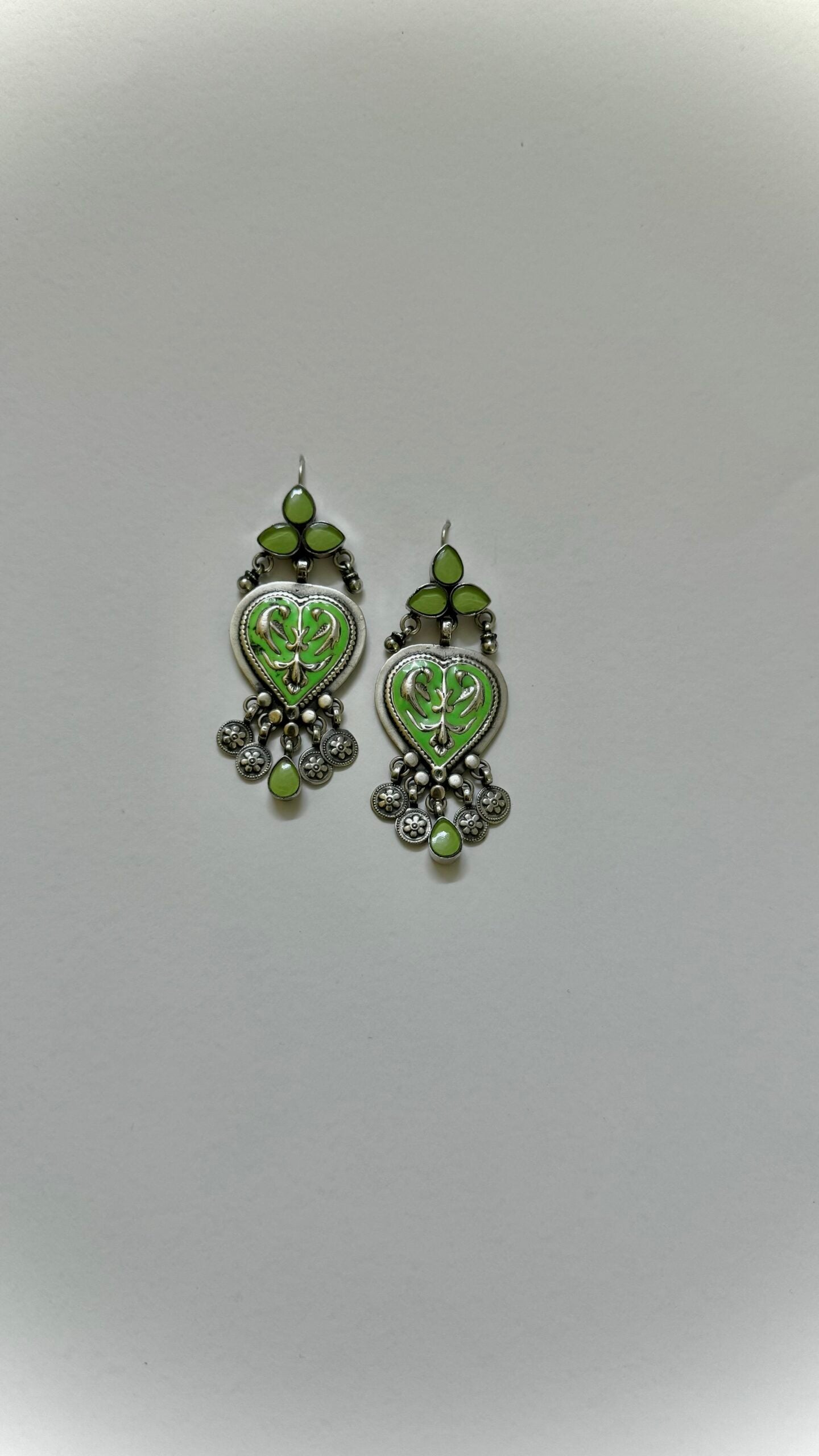 Meetha Paan : Elegant silver earrings with a Pop of Cheerful Tota Green