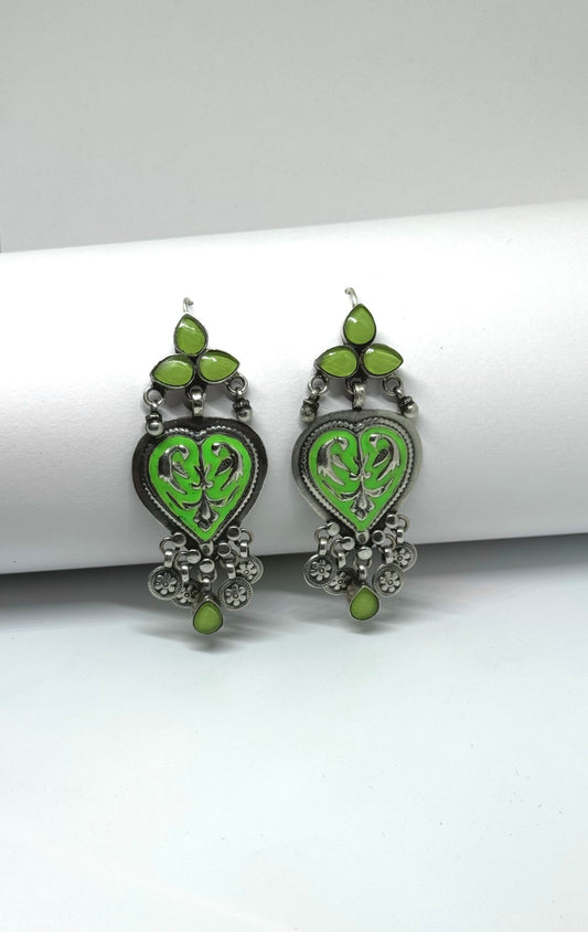 Meetha Paan : Elegant silver earrings with a Pop of Cheerful Tota Green