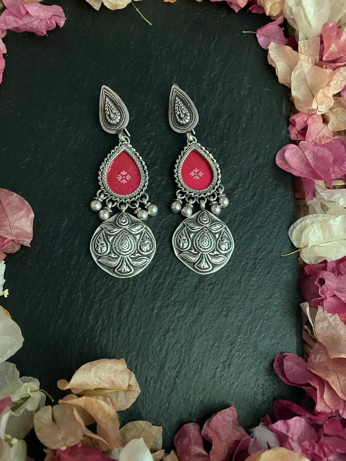 Prenusha : A Pleasing Silver Crafted Earring with Burnt Pink Drops