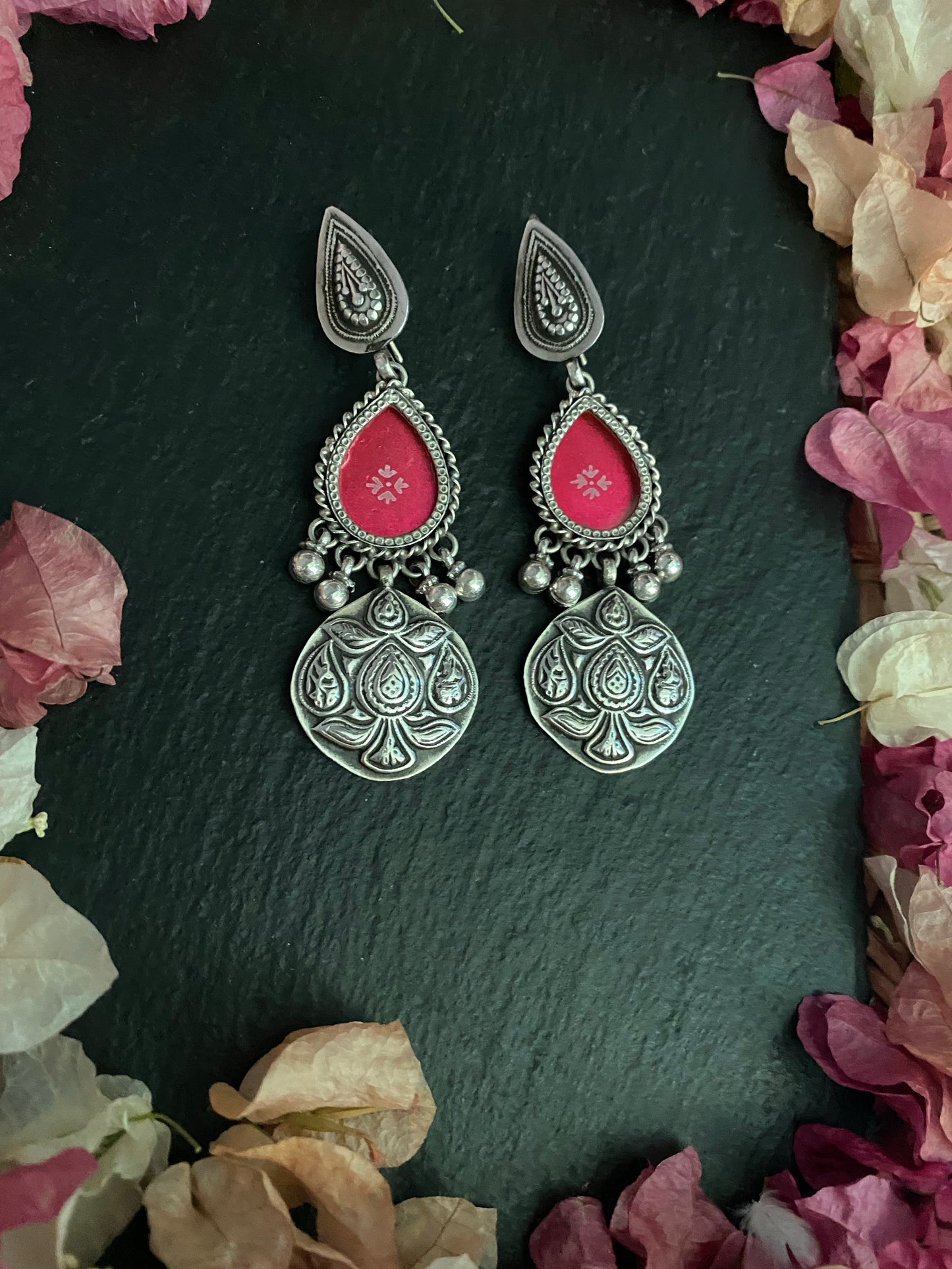 Prenusha : A Pleasing Silver Crafted Earring with Burnt Pink Drops