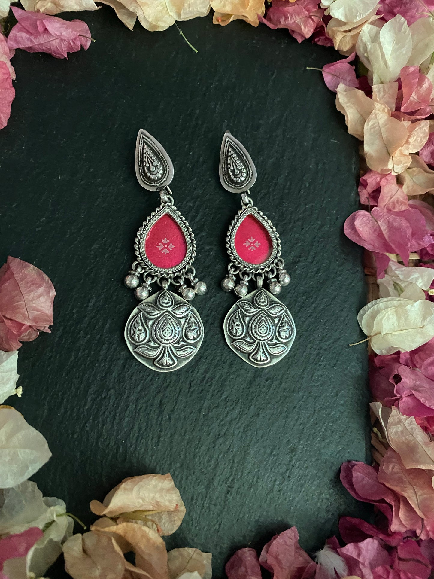 Prenusha : A Pleasing Silver Crafted Earring with Burnt Pink Drops