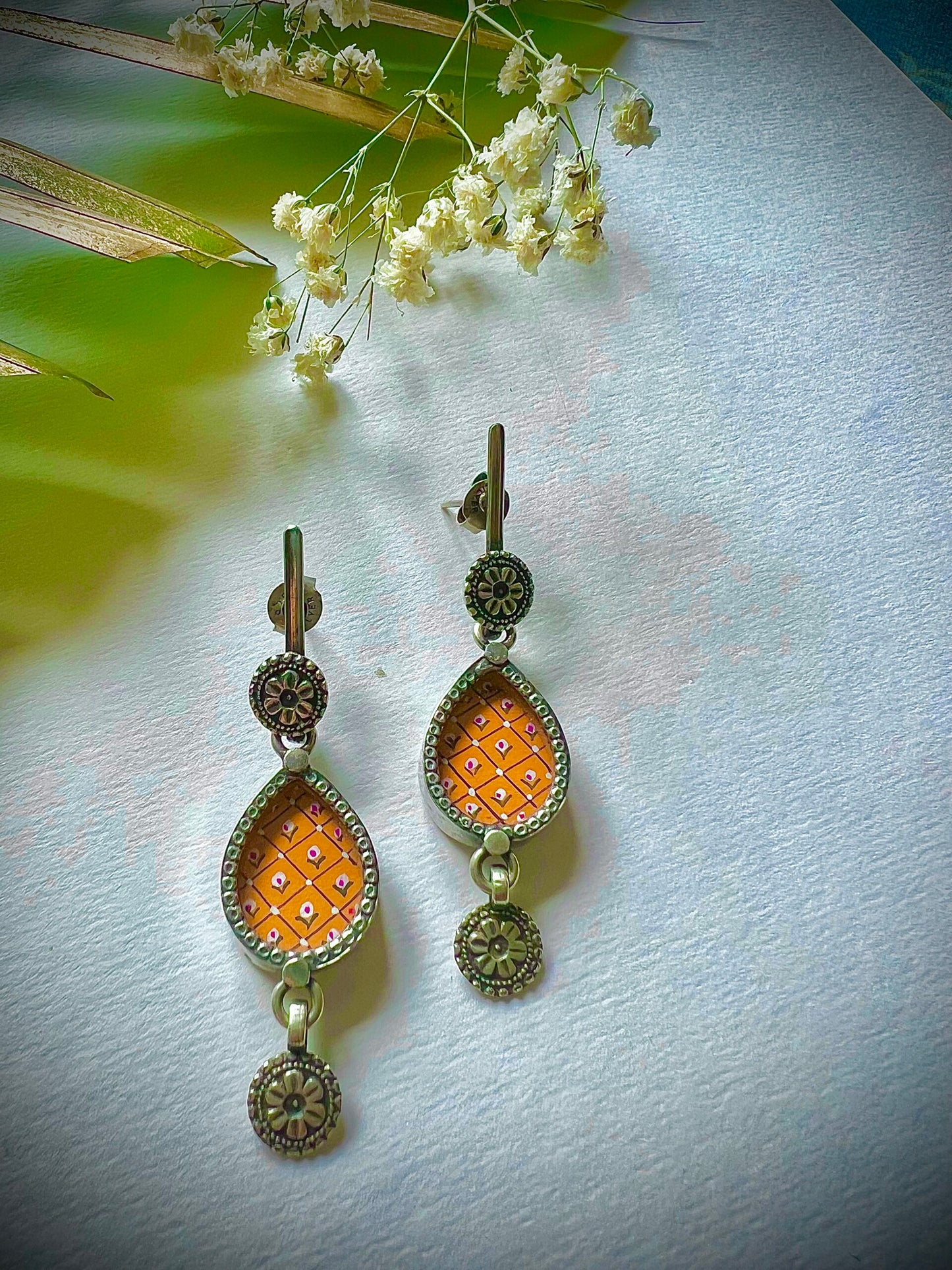 "Saloni": Charming Dull Orange Hand-painted earrings with Stick Floral Stud